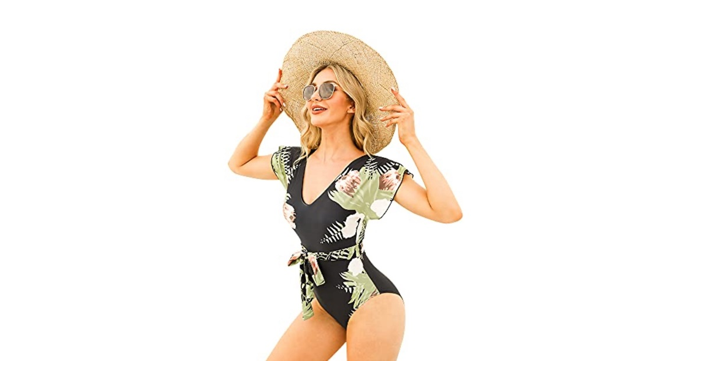 Byinns Women' V-Neck One-Piece Swimsuit with Belt Floral Printed Bathing Suit, S