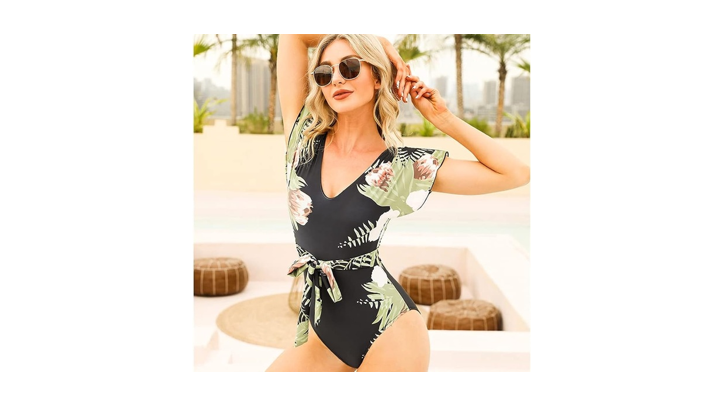 Byinns Women' V-Neck One-Piece Swimsuit with Belt Floral Printed Bathing Suit, S