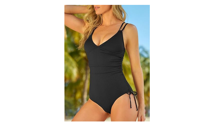 Aleumdr Women V-Neck One Piece Tummy Control Swimsuit Cheeky Tie Side High Cut,S