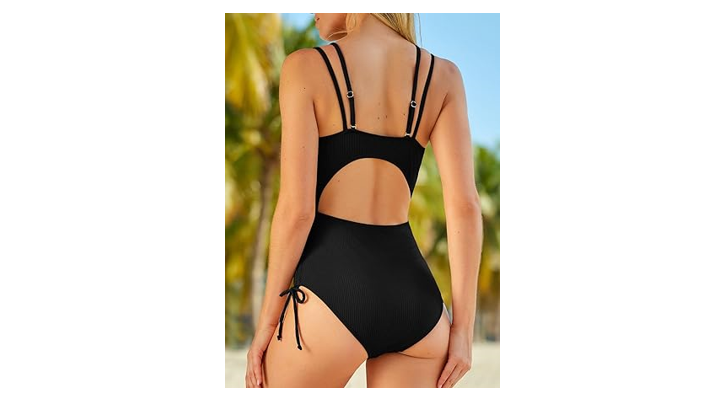 Aleumdr Women V-Neck One Piece Tummy Control Swimsuit Cheeky Tie Side High Cut,S