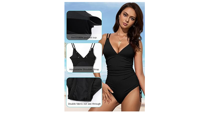 Aleumdr Women V-Neck One Piece Tummy Control Swimsuit Cheeky Tie Side High Cut,S