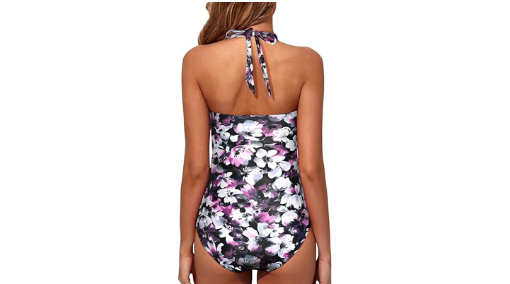 Tempt Me Women Purple Floral Tummy Control 1 Piece Swimsuits Push Up Slimming, L
