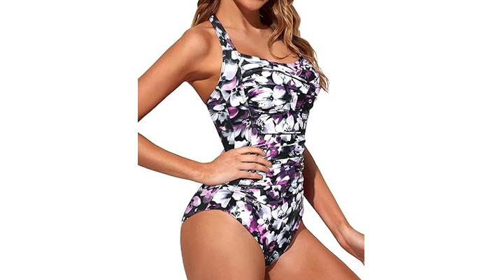 Tempt Me Women Purple Floral Tummy Control 1 Piece Swimsuits Push Up Slimming, L