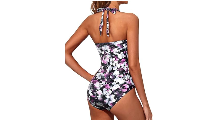 Tempt Me Women Purple Floral Tummy Control 1 Piece Swimsuits Push Up Slimming, L