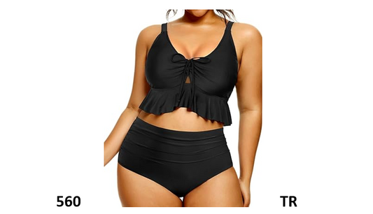 Daci Women Black Plus Size High Waisted Bikini Set Ruffle Flounce Two Piece, L