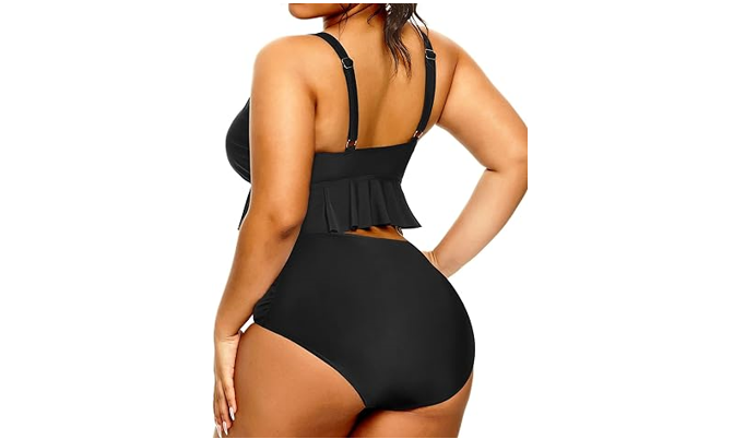 Daci Women Black Plus Size High Waisted Bikini Set Ruffle Flounce Two Piece, L