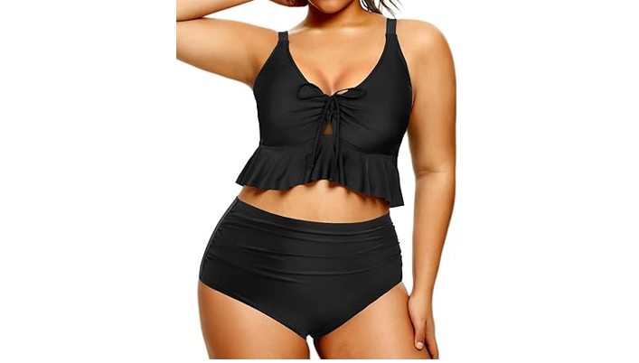 Daci Women Black Plus Size High Waisted Bikini Set Ruffle Flounce Two Piece, L