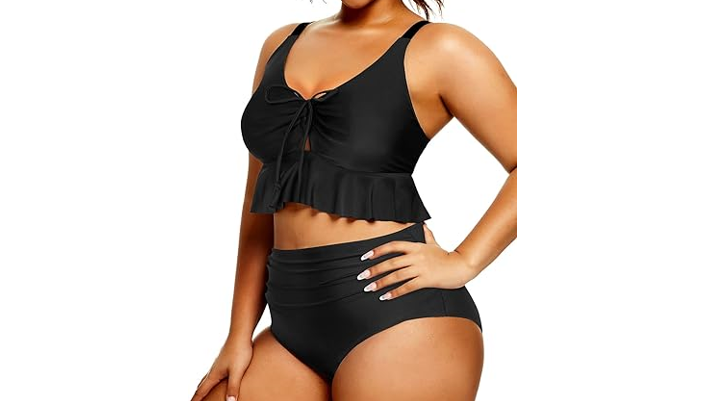 Daci Women Black Plus Size High Waisted Bikini Set Ruffle Flounce Two Piece, L