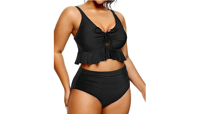 Daci Women Black Plus Size High Waisted Bikini Set Ruffle Flounce Two Piece, L