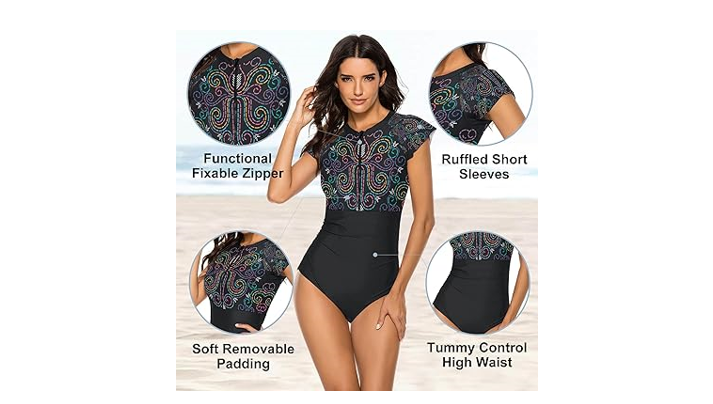 Wolddress Women Modest 1 Piece Bathing Suit Short Sleeve Tummy Control Swimsuit