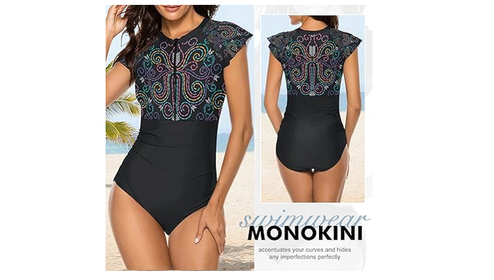 Wolddress Women Modest 1 Piece Bathing Suit Short Sleeve Tummy Control Swimsuit