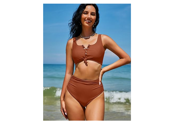 ZAFUL Women' Knotted Front Tankini Set High Waisted Bikini Scoop Neck 2 Piece, L
