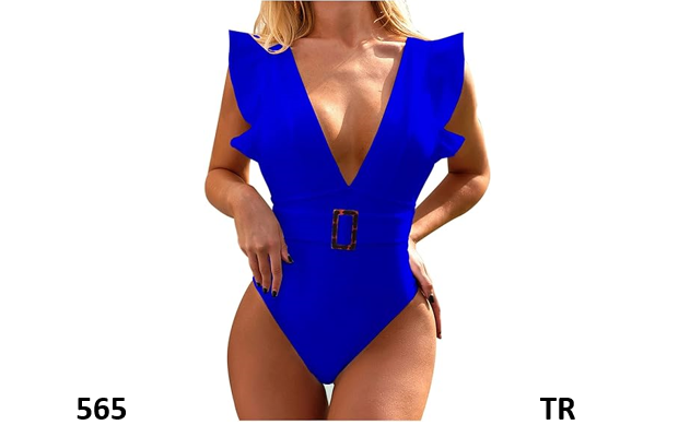 Women's One Piece Swimsuits Deep V Neck Swimwear Ruffle Sleeve Bathing Suit, M