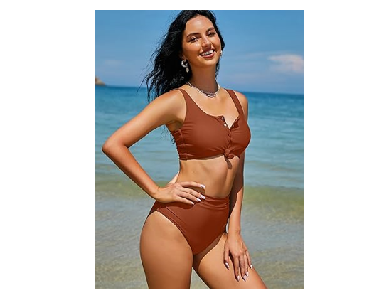 ZAFUL Women' Knotted Front Tankini Set High Waisted Bikini Scoop Neck 2 Piece, L