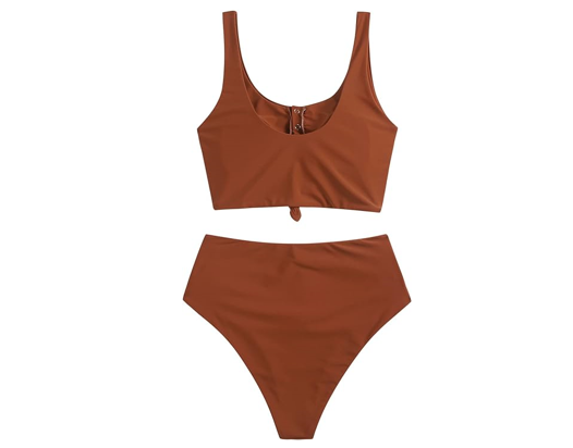 ZAFUL Women' Knotted Front Tankini Set High Waisted Bikini Scoop Neck 2 Piece, L