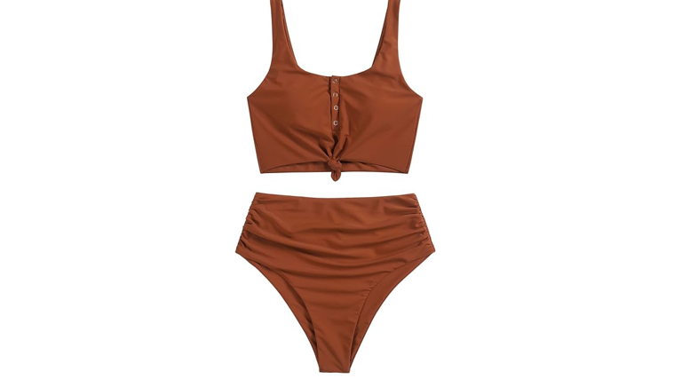 ZAFUL Women' Knotted Front Tankini Set High Waisted Bikini Scoop Neck 2 Piece, L
