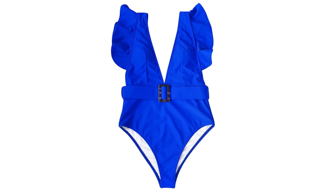 Women's One Piece Swimsuits Deep V Neck Swimwear Ruffle Sleeve Bathing Suit, M