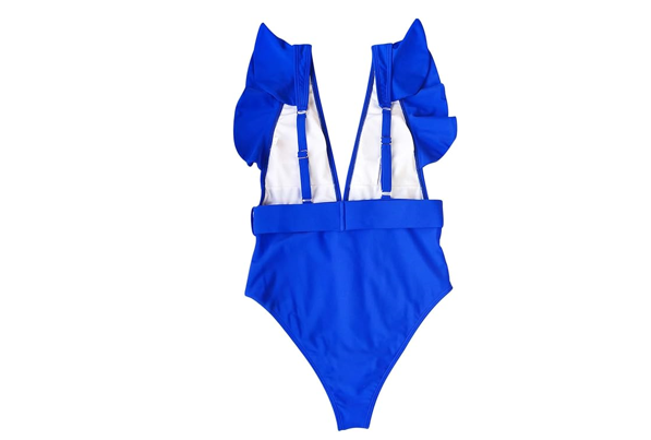 Women's One Piece Swimsuits Deep V Neck Swimwear Ruffle Sleeve Bathing Suit, M