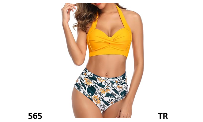 Tempt Me Women Vintage Swimsuits Yellow Retro Halter Ruched High Waist Bikini, S