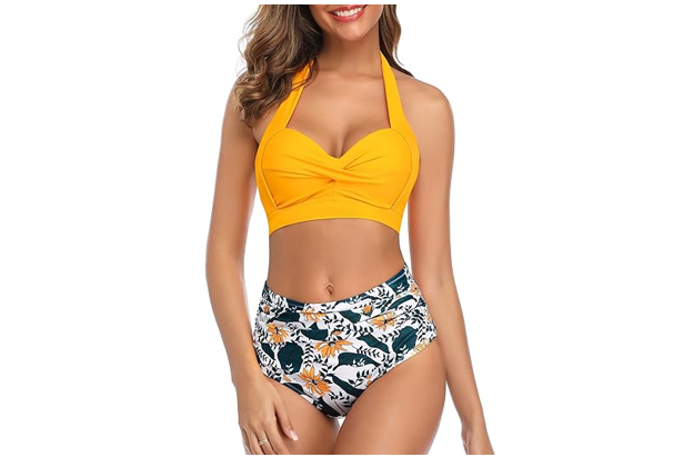 Tempt Me Women Vintage Swimsuits Yellow Retro Halter Ruched High Waist Bikini, S