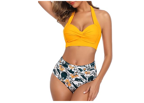 Tempt Me Women Vintage Swimsuits Yellow Retro Halter Ruched High Waist Bikini, S