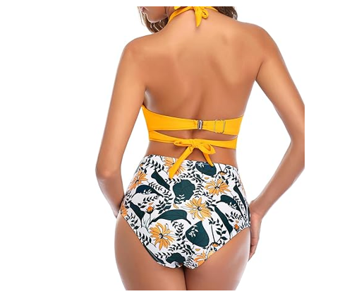Tempt Me Women Vintage Swimsuits Yellow Retro Halter Ruched High Waist Bikini, S