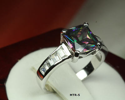 WOMENS PRINCESS RING STERLING SILVER 925 CZ RAINBOW MYSTIC TOPAZ W ACCENT 8 +10
