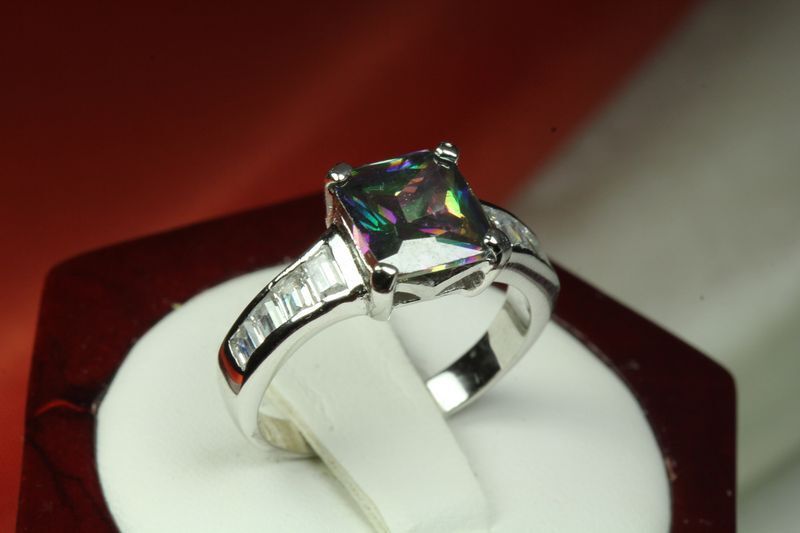 WOMENS PRINCESS RING STERLING SILVER 925 CZ RAINBOW MYSTIC TOPAZ W ACCENT 8 +10
