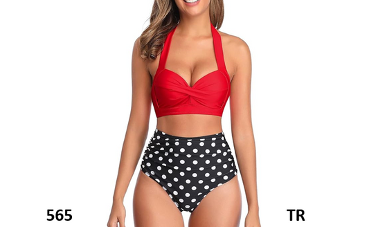 Tempt Me Women Vintage Swimsuit Red Dot Retro Halter Ruched High Waist Bikini, M