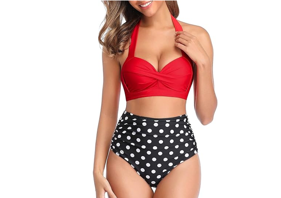 Tempt Me Women Vintage Swimsuit Red Dot Retro Halter Ruched High Waist Bikini, M