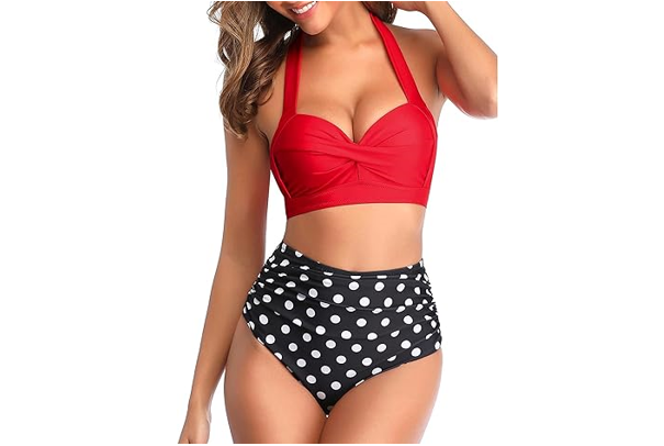 Tempt Me Women Vintage Swimsuit Red Dot Retro Halter Ruched High Waist Bikini, M