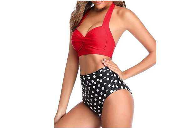Tempt Me Women Vintage Swimsuit Red Dot Retro Halter Ruched High Waist Bikini, M