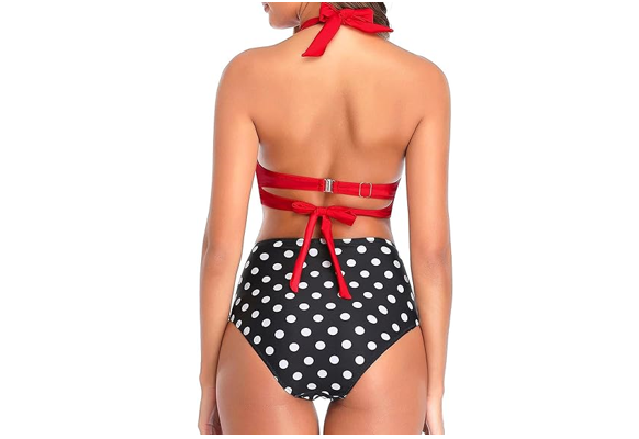 Tempt Me Women Vintage Swimsuit Red Dot Retro Halter Ruched High Waist Bikini, M