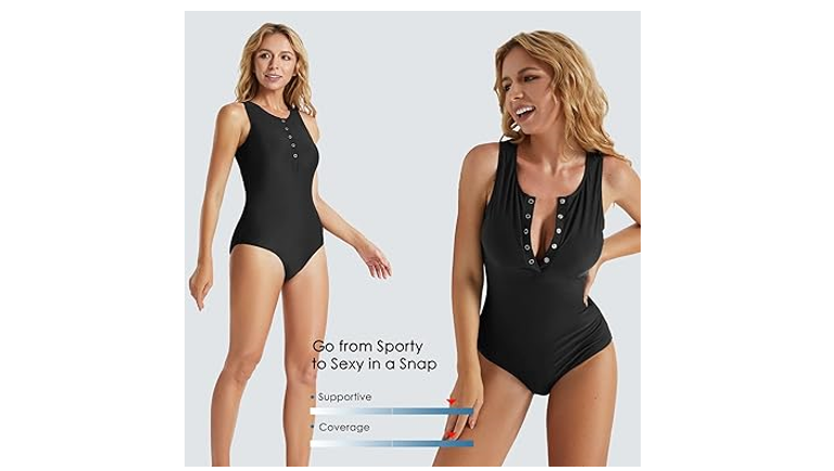 Baleaf Flyleaf Plunge One-Piece women Swimsuits, Longline Top Style, Black, 38