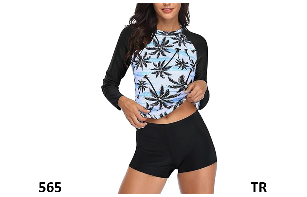 Daci Women Coconut Print Two Piece Rash Guard Long Sleeve Swimsuit UV UPF 50+, M