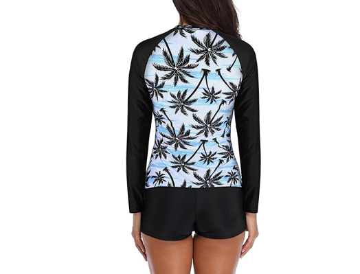 Daci Women Coconut Print Two Piece Rash Guard Long Sleeve Swimsuit UV UPF 50+, M