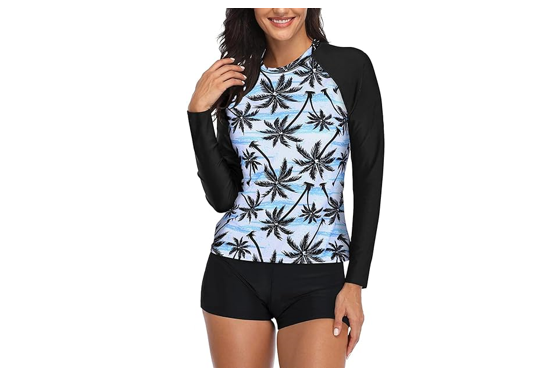 Daci Women Coconut Print Two Piece Rash Guard Long Sleeve Swimsuit UV UPF 50+, M