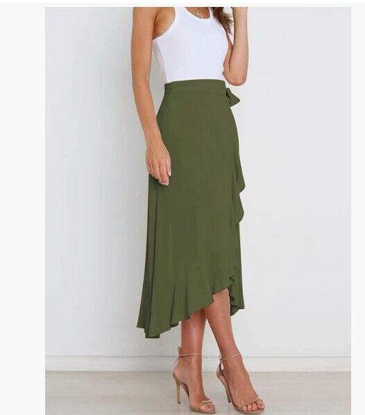 Butgood Women Long Maxi Skirts High Waist Wrap Side Slit Ruffle Midi Swing Skirt