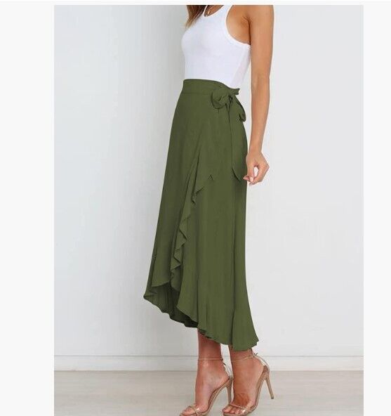 Butgood Women Long Maxi Skirts High Waist Wrap Side Slit Ruffle Midi Swing Skirt