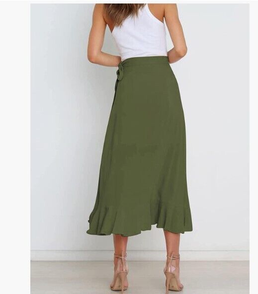 Butgood Women Long Maxi Skirts High Waist Wrap Side Slit Ruffle Midi Swing Skirt