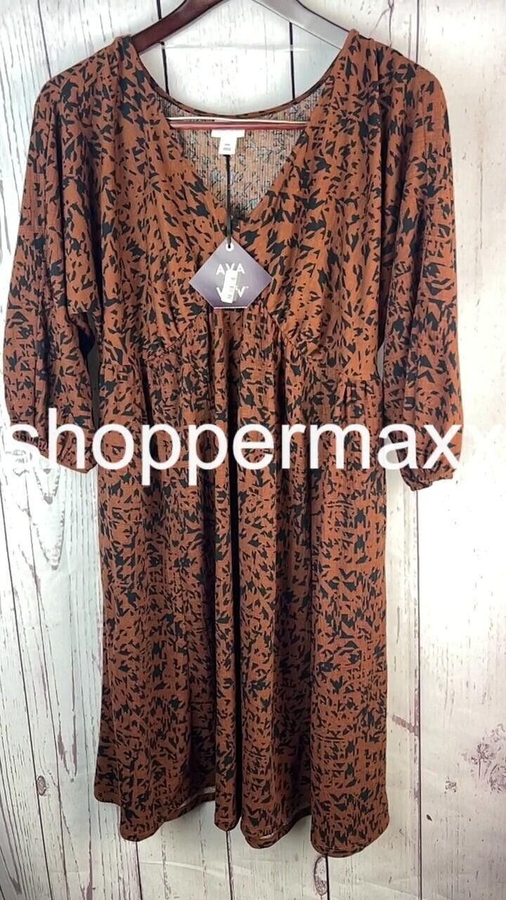 Women Dolman 3/4 Sleeve Knit Empire Waist Dress-Ava & Viv Brown Houndstooth, XXL