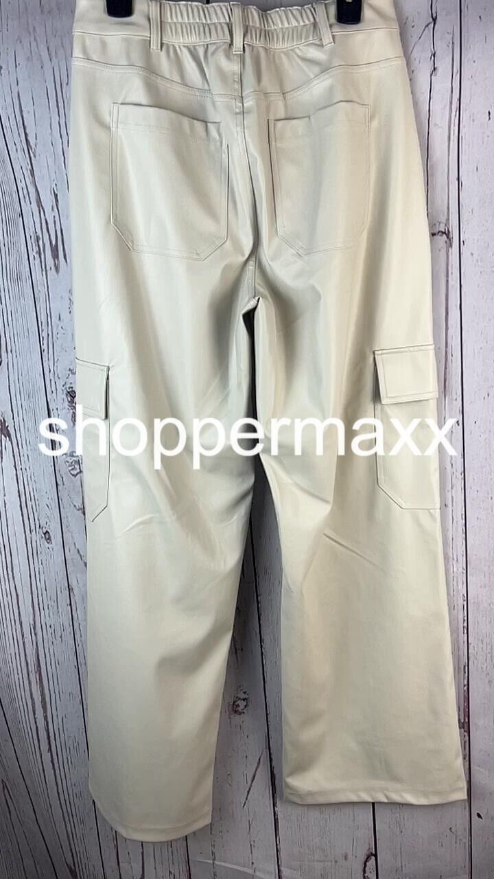 Women' High-Rise Straight Leg Faux Leather Cargo Pants- Wild Fable Light Beige M