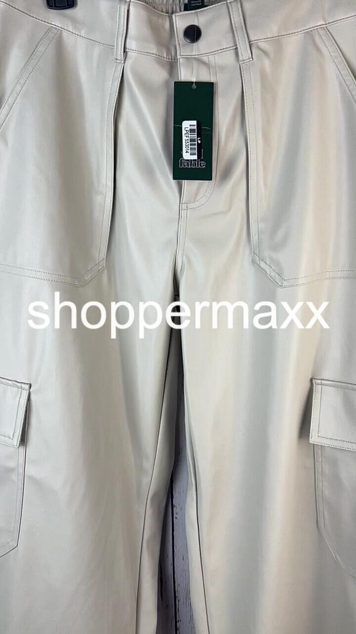 Women' High-Rise Straight Leg Faux Leather Cargo Pants- Wild Fable Light Beige M