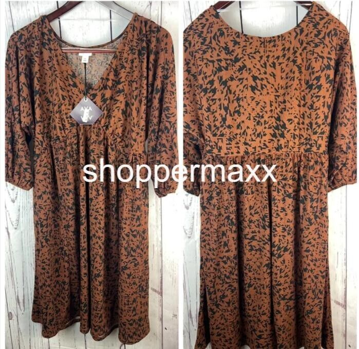 Women Dolman 3/4 Sleeve Knit Empire Waist Dress-Ava & Viv Brown Houndstooth, XXL