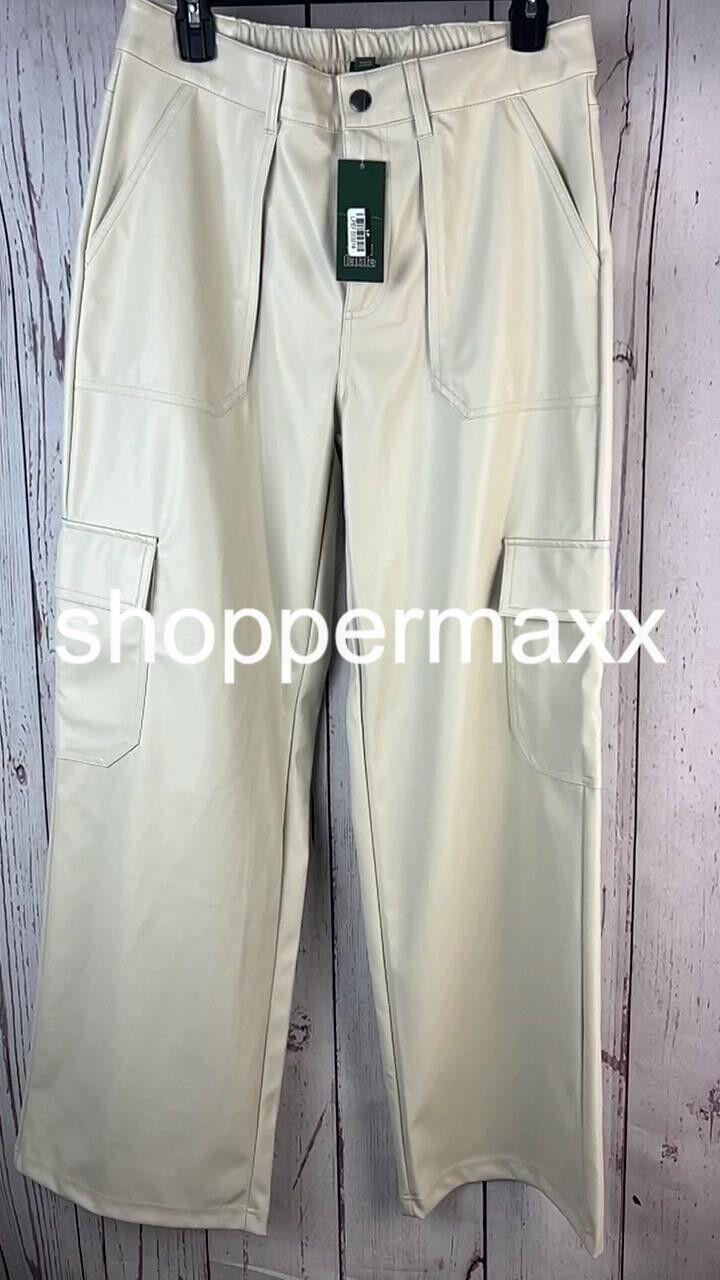 Women' High-Rise Straight Leg Faux Leather Cargo Pants- Wild Fable Light Beige M
