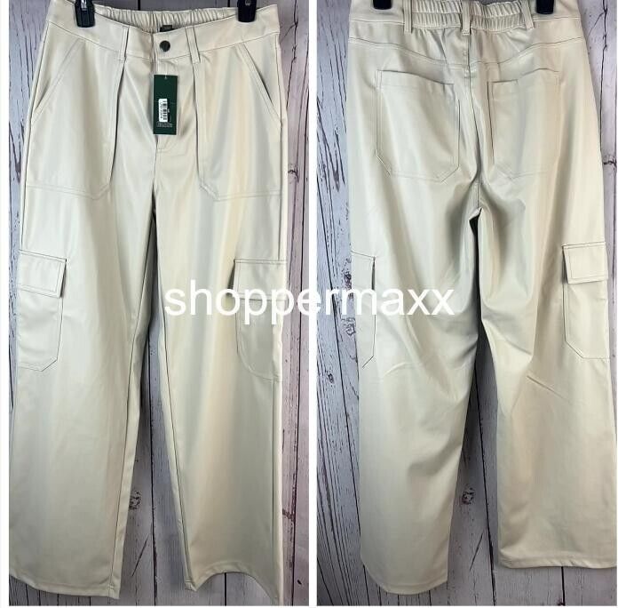 Women' High-Rise Straight Leg Faux Leather Cargo Pants- Wild Fable Light Beige M