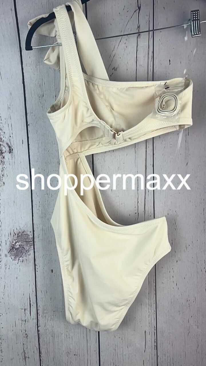 Women's One Shoulder Bow Cut Out One Piece Swimsuit-Shade & Shore, Beige, Medium