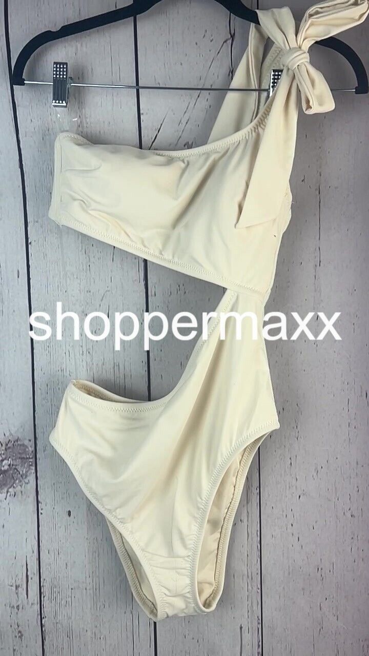Women's One Shoulder Bow Cut Out One Piece Swimsuit-Shade & Shore, Beige, Medium
