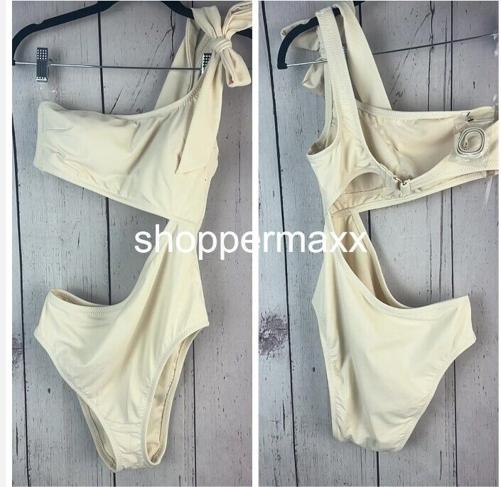 Women's One Shoulder Bow Cut Out One Piece Swimsuit-Shade & Shore, Beige, Medium