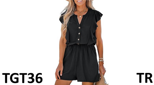 CUPSHE Summer Women Ruffled Button-Front Romper VNeck Ruffled Jumpsuit, Black, L